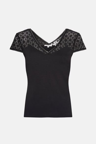 T-shirt noir à manches courtes de Morgan, avec dentelle florale à l'encolure en V et aux épaules.