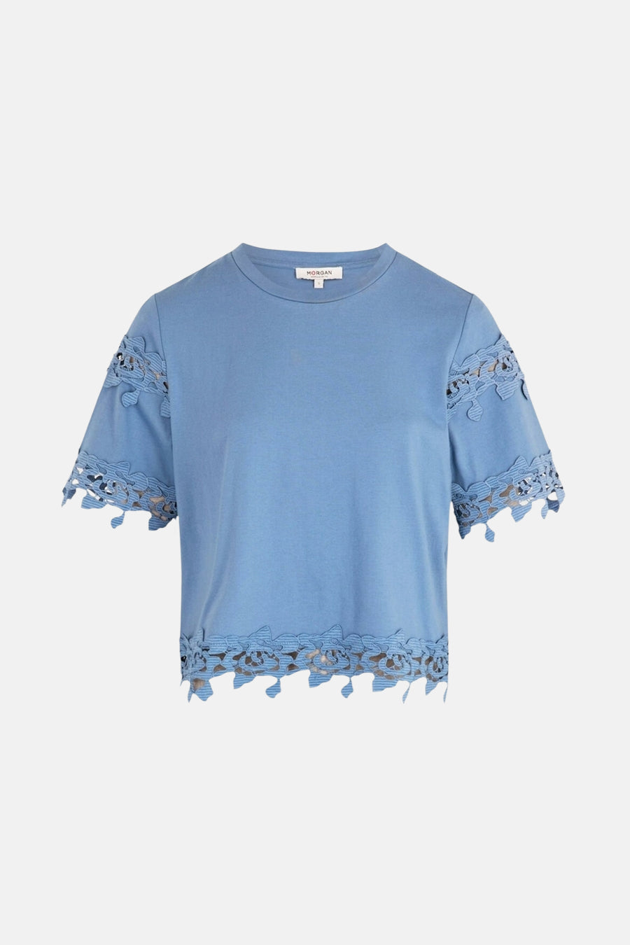 Blauw T-shirt met korte mouwen van Morgan de Toi, met kanten details aan de mouwen en zoom.