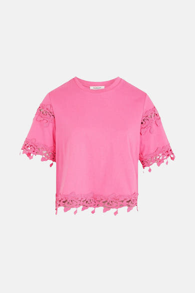 Roze T-shirt met korte mouwen van Morgan de Toi met decoratieve kanten bies.