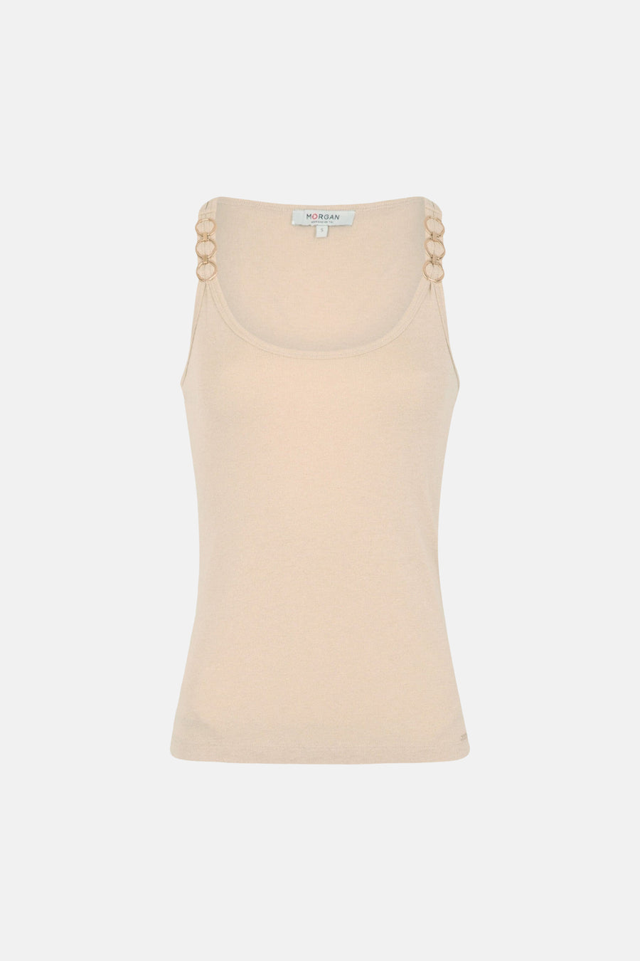 Beige top van Morgan de Toi met decoratieve gouden ringen op de schouderbandjes.