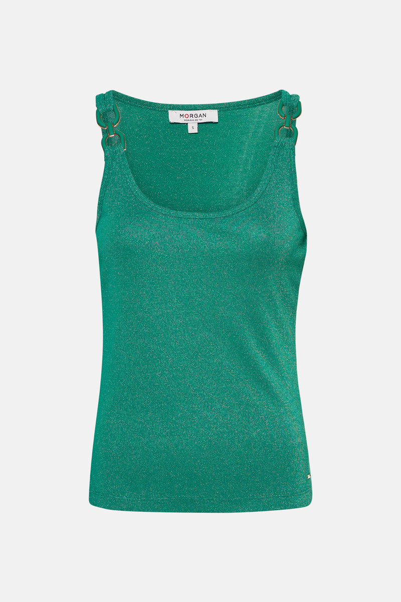 Top sans manches vert de Morgan de Toi, avec des détails circulaires dorés aux bretelles, en maille brillante.