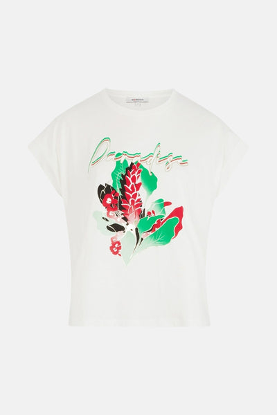 Wit T-shirt met korte mouwen van Morgan de Toi met een kleurrijk bloemenpatroon en de tekst "Paradise".