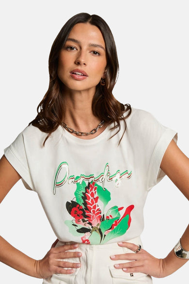 T-shirt blanc à manches courtes de Morgan de Toi avec motif floral et inscription "Paradise".