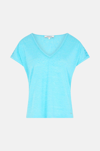 Blauw T-shirt met korte mouwen van Morgan, met kanten bies aan de mouwen en V-hals.