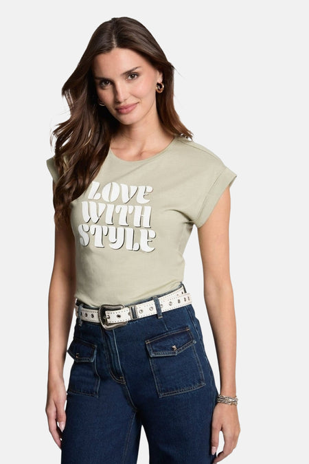 Groen T-shirt met korte mouwen van Morgan de Toi met witte letterprint.