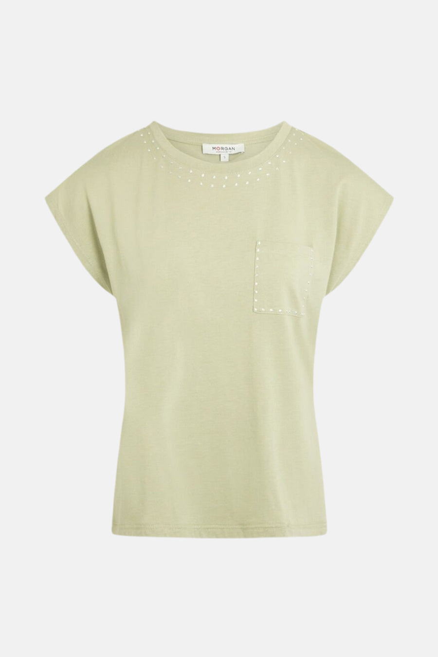 Groen T-shirt met korte mouwen van Morgan de Toi, met borstzak en strass rond de halslijn.