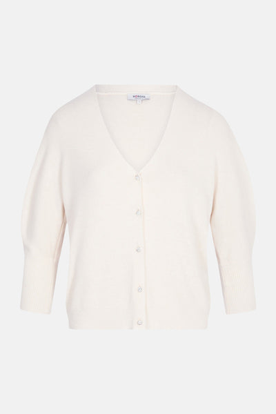 Cardigan écru de Morgan de Toi à col V, manches courtes bouffantes et boutons décoratifs.
