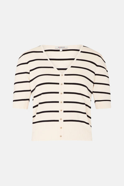Beige T-shirt met zwarte strepen van Morgan, met V-hals en korte knoopmouwen.