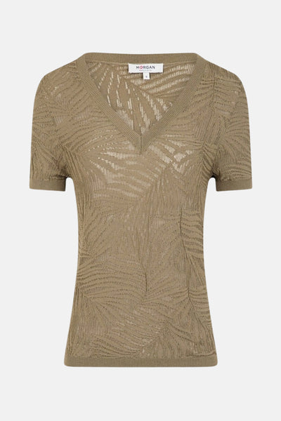 Pull à col en V kaki de Morgan de Toi avec motif ajouré en forme de feuilles.