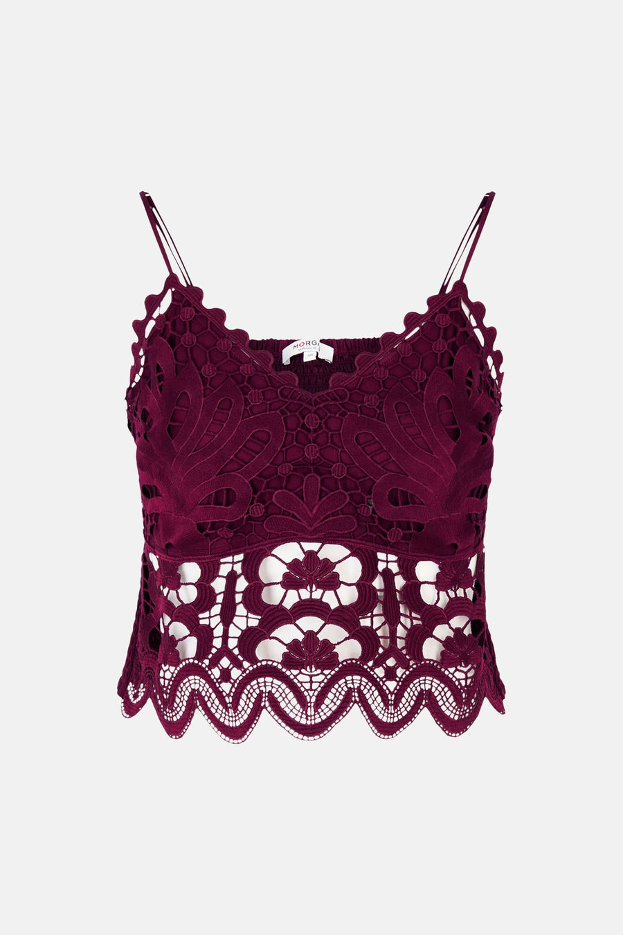Top sans manches bordeaux de Morgan de Toi en dentelle florale délicate avec fines bretelles.