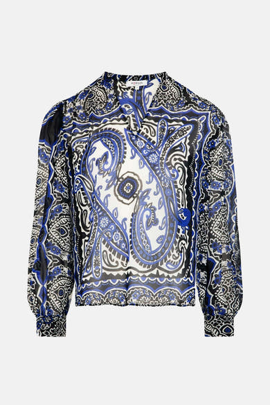 Blauwe blouse met lange mouwen van Morgan de Toi, met zwart-wit paisley-patroon.