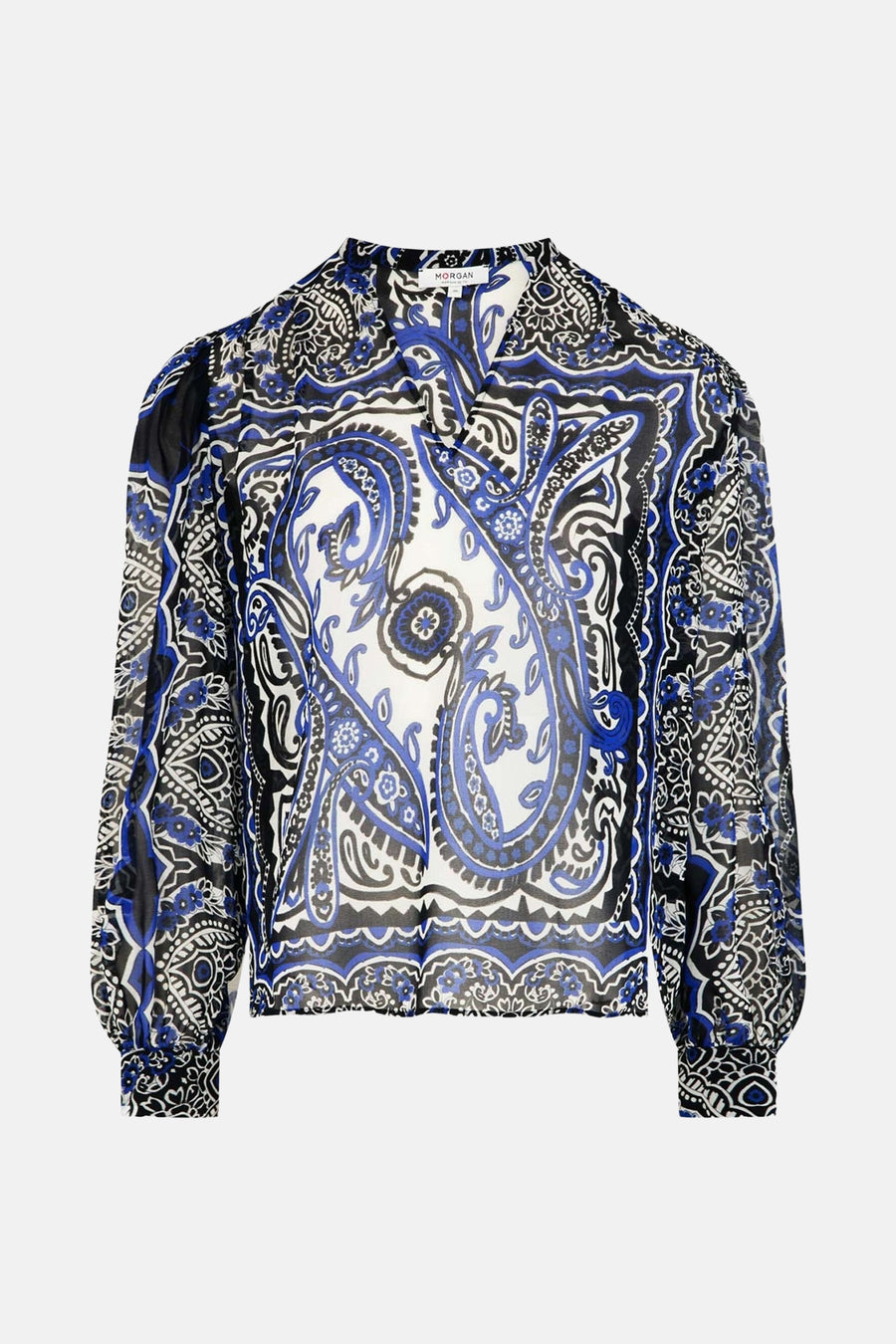 Blauwe blouse met lange mouwen van Morgan de Toi, met zwart-wit paisley-patroon.