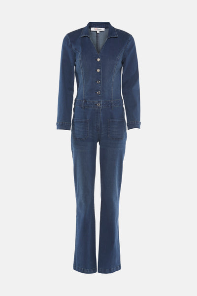 Donkerblauwe denim overall van Morgan, met lange mouwen, knopen en opgestikte zakken.