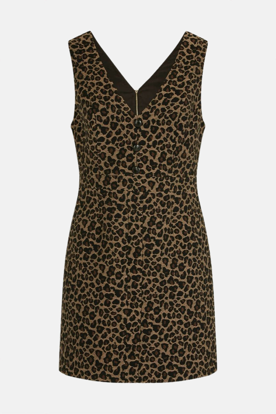 Bruine jurk met luipaardprint van Morgan de Toi met knopen en zichtbare ritssluiting.