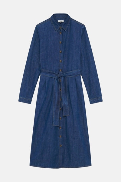 Blauwe spijkerjurk met lange mouwen van CAROLL, met een strikceintuur en een knoopsluiting over de hele lengte.