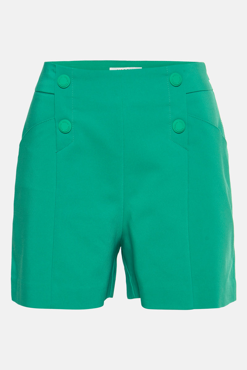 Korte groene Morgan de Toi, met decoratieve knopen en discrete zijzakken.