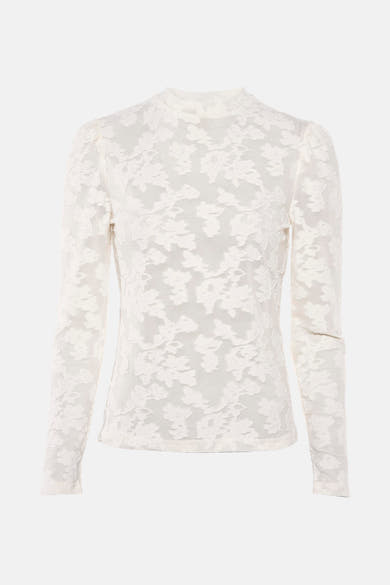 T-shirt blanc à manches longues de Morgan de Toi avec motif floral ton sur ton.
