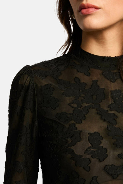 T-shirt à manches longues noir de Morgan de Toi avec motif floral ton sur ton.