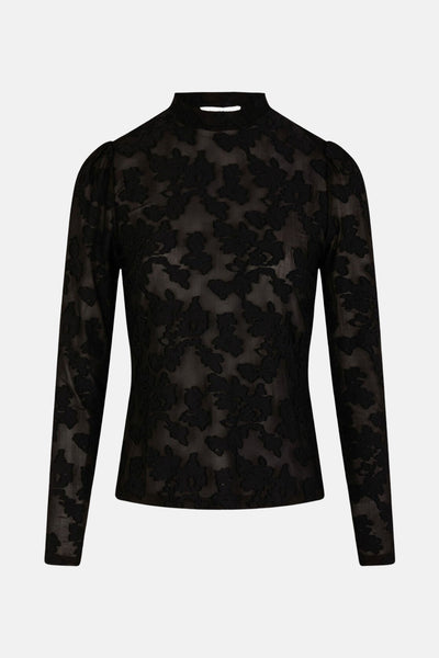 T-shirt noir à manches longues de Morgan de Toi, avec motif floral ton sur ton en transparence.
