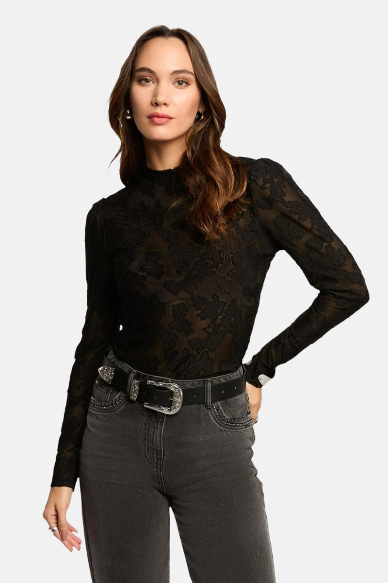 Zwarte T-shirt met lange mouwen van Morgan de Toi, met toon-op-toon bloemenpatroon.