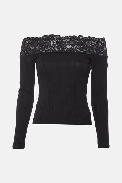 T-shirt noir à manches longues de Morgan de Toi avec encolure épaules nues en dentelle florale.
