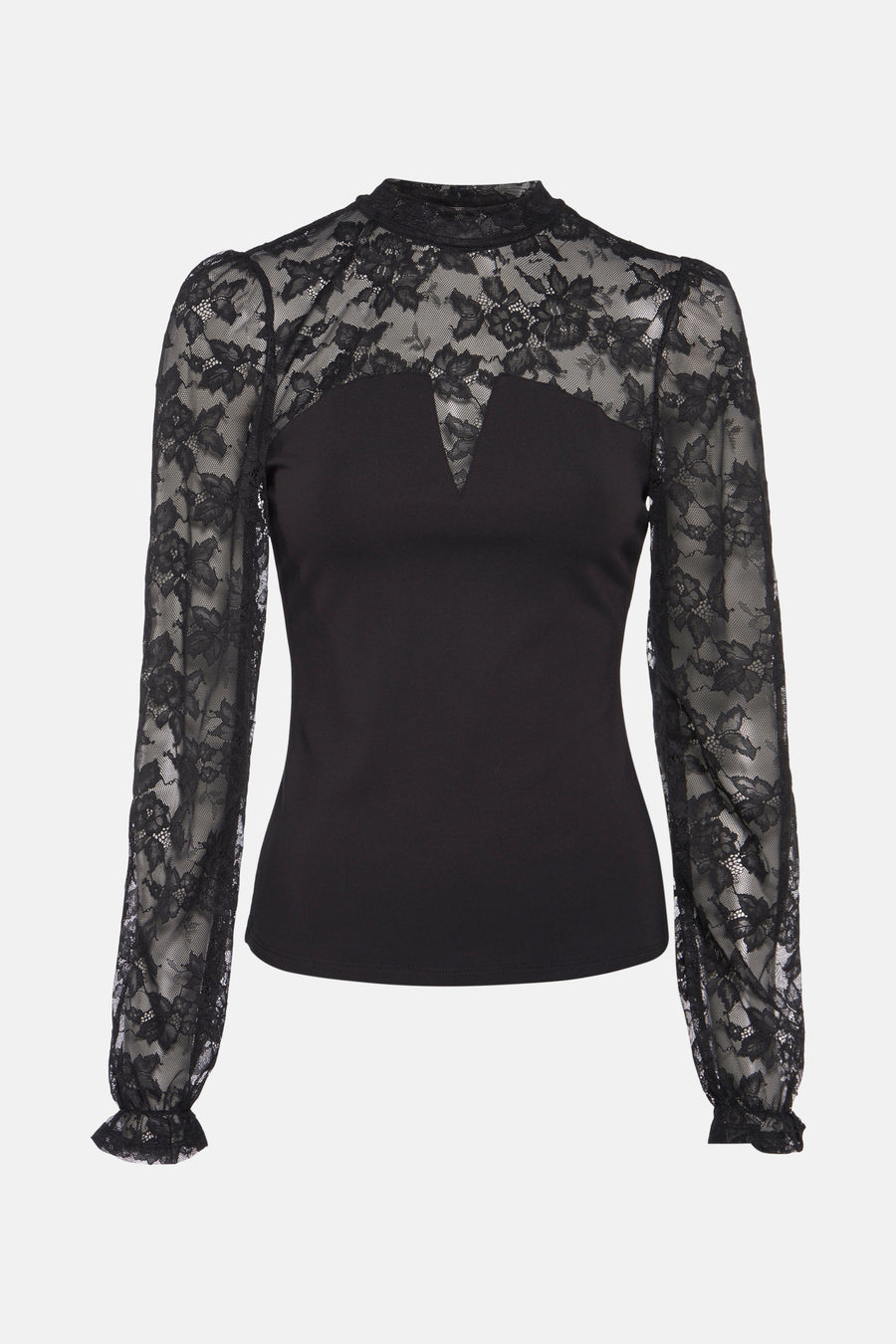 T-shirt noir à manches longues de Morgan de Toi, avec détails en dentelle florale sur le buste et les manches.
