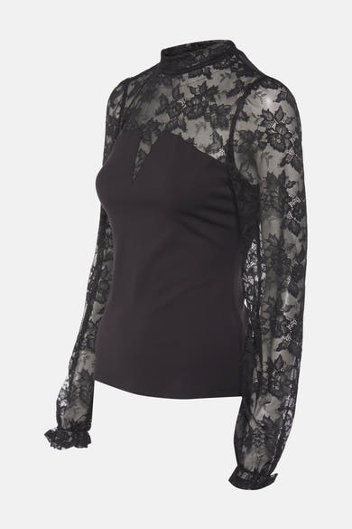 T-shirt noir à manches longues de Morgan de Toi, avec empiècement en dentelle florale et col montant.