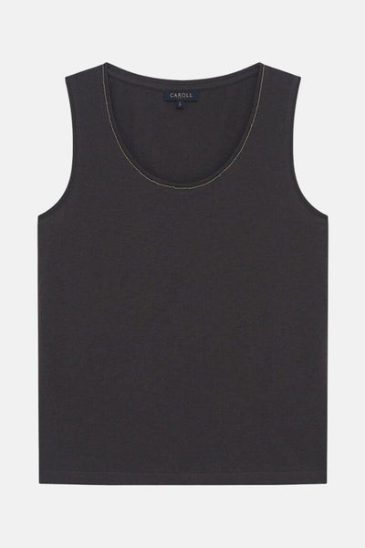 Top sans manches gris de CAROLL, avec fine bordure dorée autour de l'encolure.