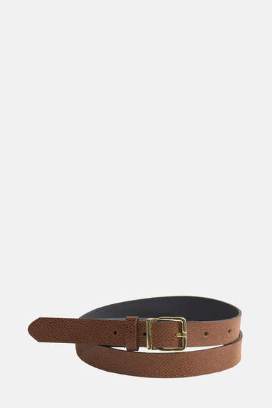 Ceinture marron en cuir de Legend, avec boucle dorée, motif texturé et envers noir.