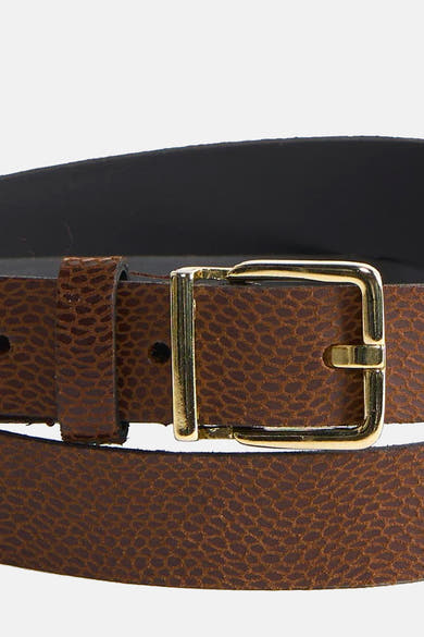 Ceinture marron à motif de Legend, avec boucle dorée carrée et doublure noire.
