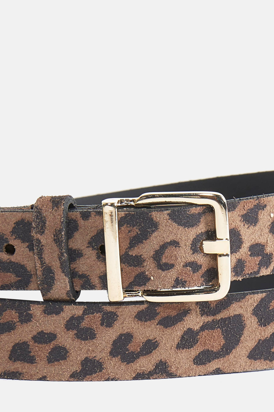 Ceinture marron à motif léopard par Legend, avec boucle rectangulaire dorée, en gros plan.
