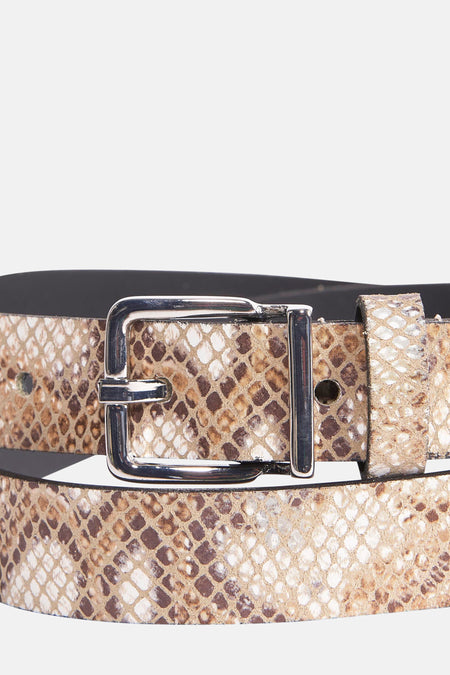 Beige slangenprint riem van Legend, met zilveren gesp en zwarte achterkant.