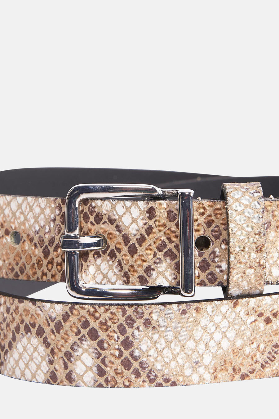 Beige slangenprint riem van Legend, met zilveren gesp en zwarte achterkant.