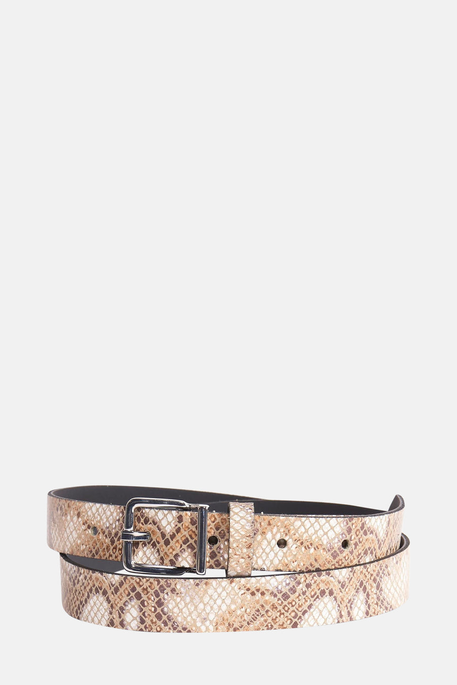 Beige slangenprint riem van Legend, met zilveren rechthoekige gesp.