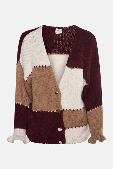 Cardigan multicolore en tricot de Terra di Siena, à rayures et boutons dorés, avec manches évasées.
