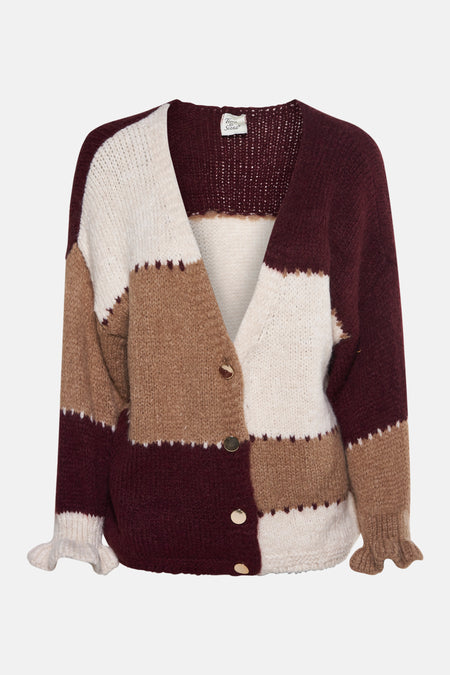 Multikleurige gebreide cardigan van Terra di Siena met gouden knopen en contrasterende randen.