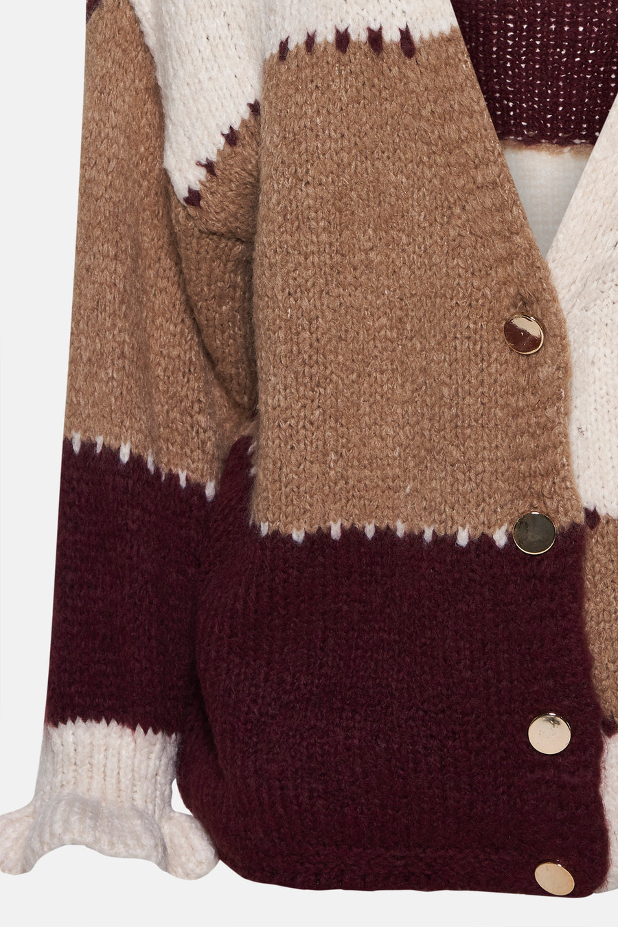 Cardigan multicolore en tricot de Terra di Siena avec boutons dorés et bordures contrastées.
