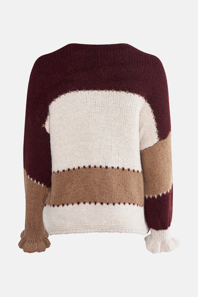 Cardigan multicolore de Terra di Siena avec rayures horizontales et manches à volants, vue de dos.
