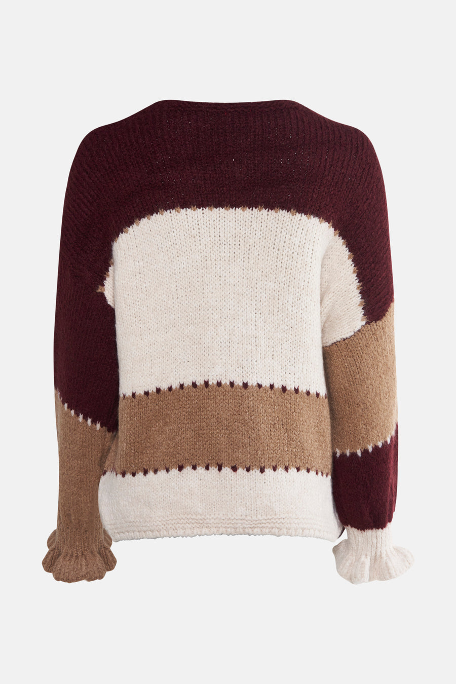 Cardigan multicolore de Terra di Siena avec rayures horizontales et manches à volants, vue de dos.
