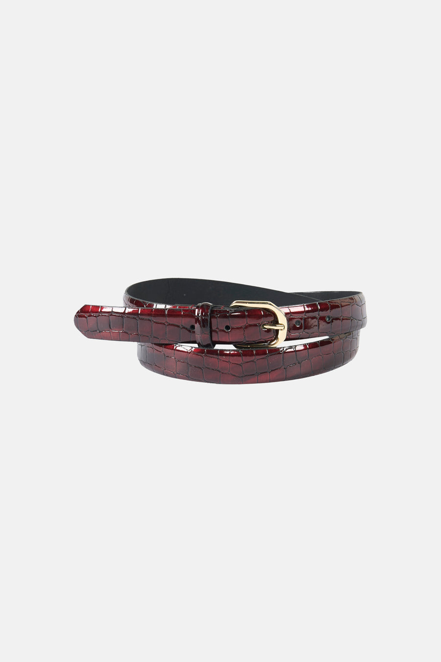 Ceinture bordeaux en cuir verni, de Legend, avec un motif crocodile texturé et une boucle dorée.