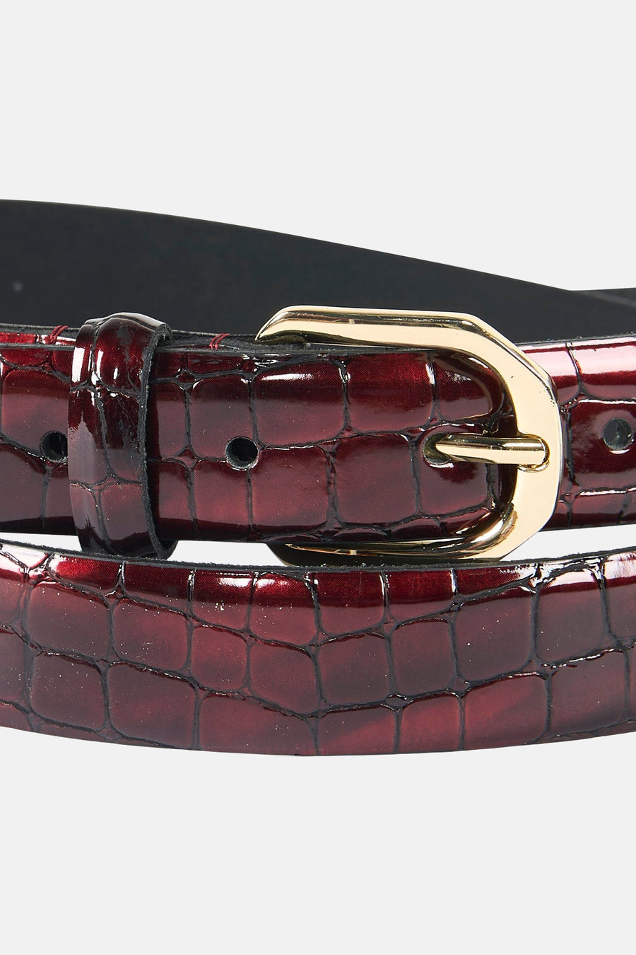 Ceinture bordeaux en cuir, de Legend, avec un motif crocodile et une boucle dorée.