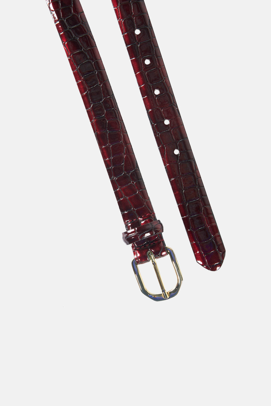 Ceinture bordeaux en cuir, de Legend, avec boucle dorée et motif crocodile brillant.