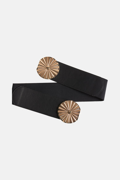 Zwarte elastische riem van Morgan de Toi met twee gouden ronde versieringen.