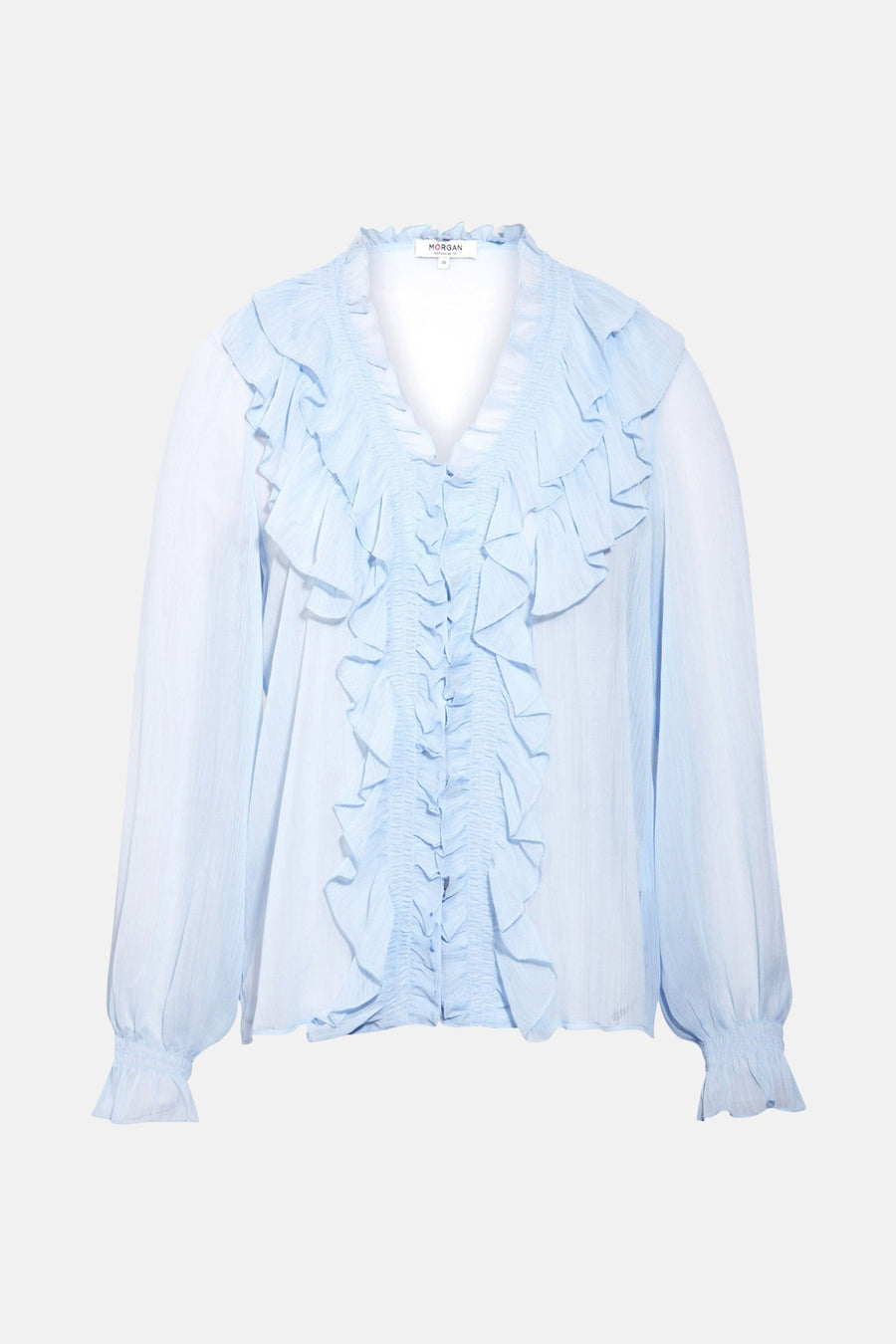Blouse bleue à manches longues de Morgan de Toi, ornée de volants sur le devant et aux poignets.