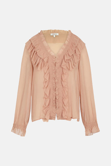 Blouse beige à manches longues de Morgan, avec des volants décoratifs sur le devant.

