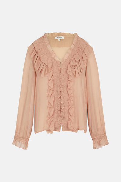 Blouse beige à manches longues de Morgan, avec des volants décoratifs sur le devant.
