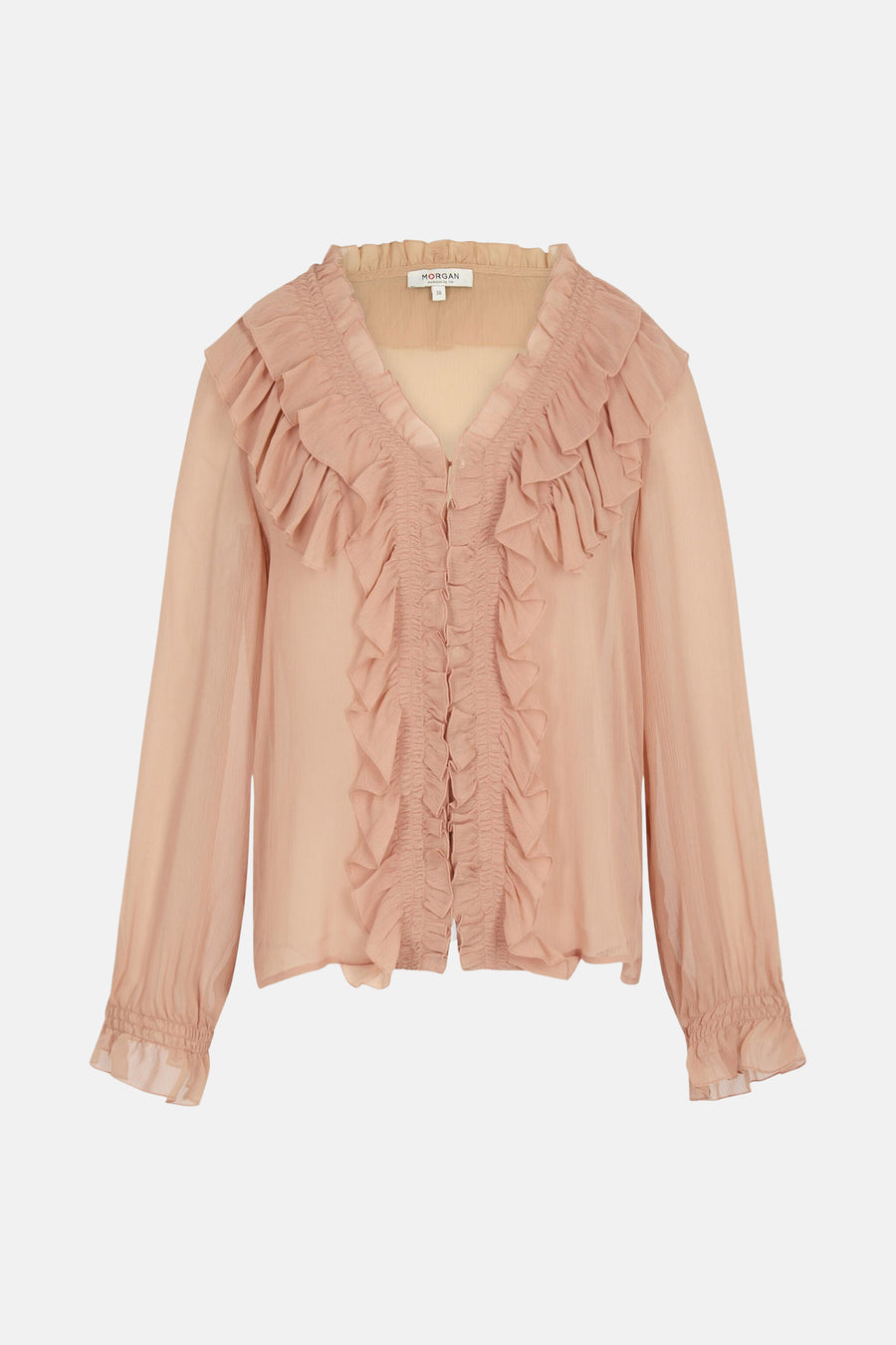 Blouse beige à manches longues de Morgan, avec des volants décoratifs sur le devant.
