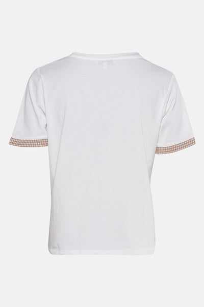 T-shirt uni à manches courtes blanc de Morgan de Toi avec finitions à motif pied-de-poule aux manches, vue de dos.
