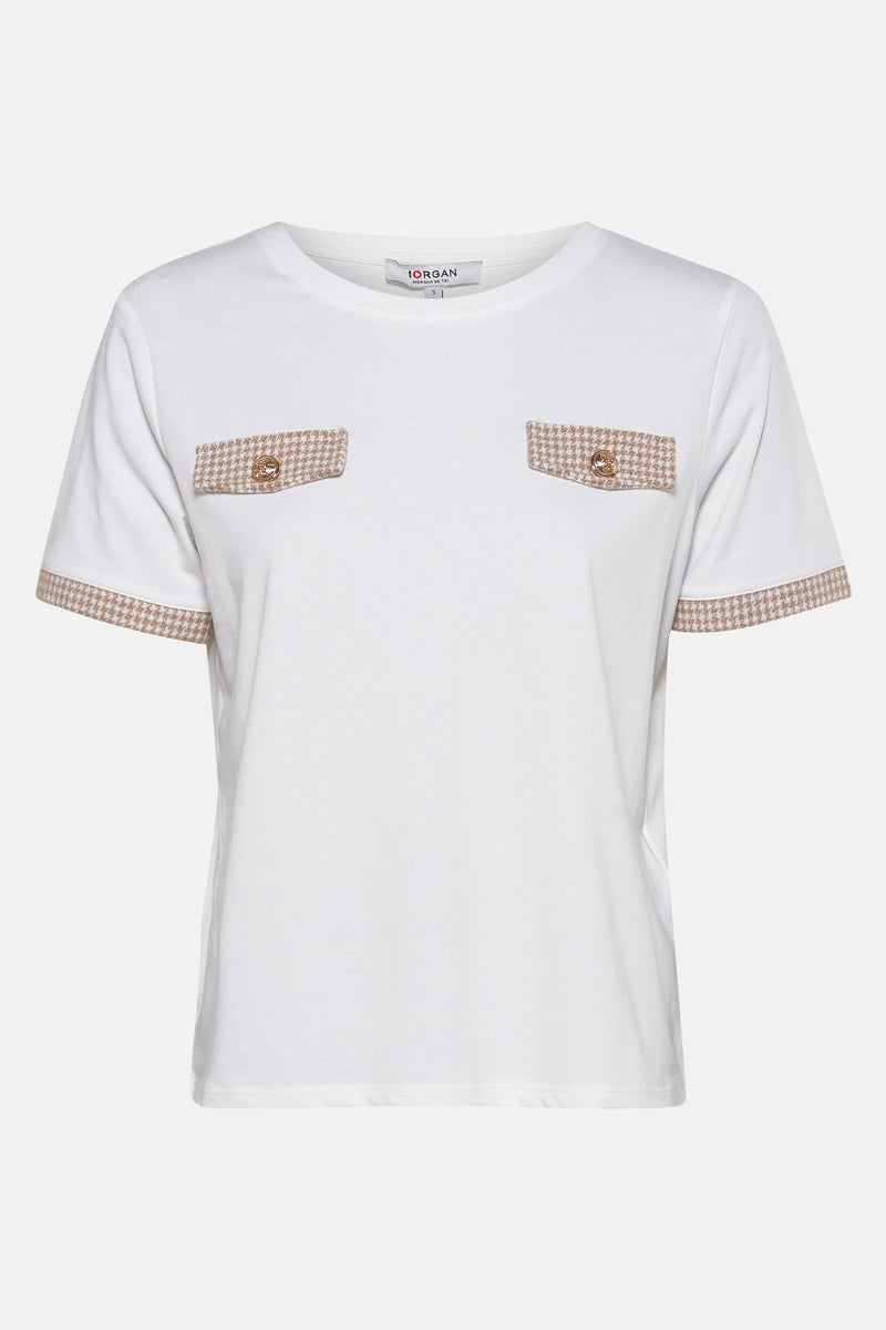 T-shirt blanc à manches courtes de Morgan de Toi avec motif pied-de-poule aux manches et aux poches décoratives.
