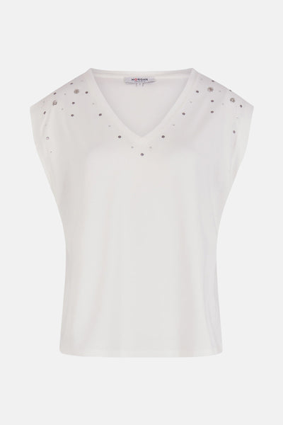 Wit T-shirt met korte mouwen van Morgan de Toi versierd met strass en decoratieve oogjes op de schouders.